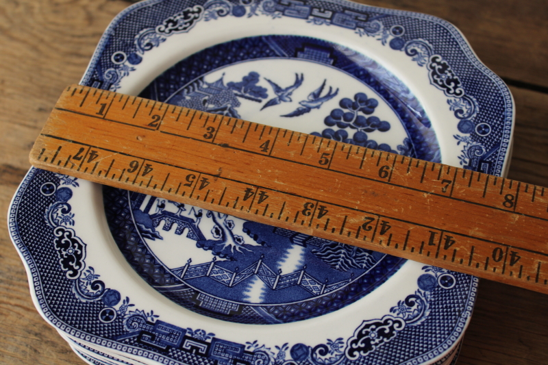 photo of rare square salad plates Johnson Bros England blue willow china, never used vintage set  #7