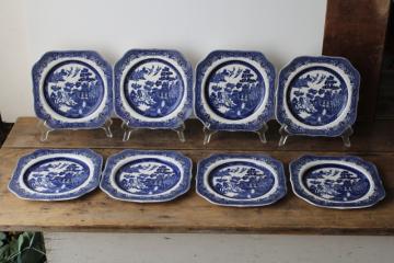 rare square salad plates Johnson Bros England blue willow china, never used vintage set 