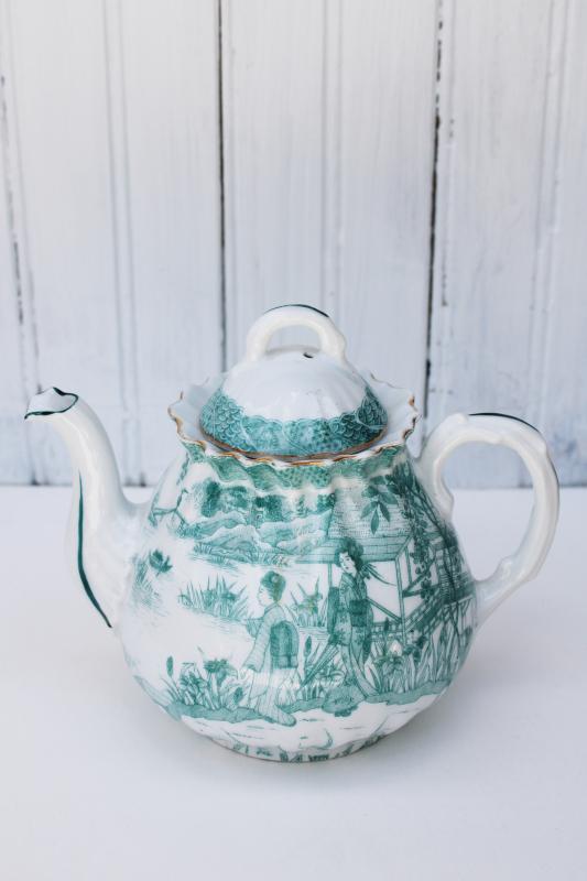 photo of rare teal green white china teapot, geisha girls vintage hand painted made in Japan #1
