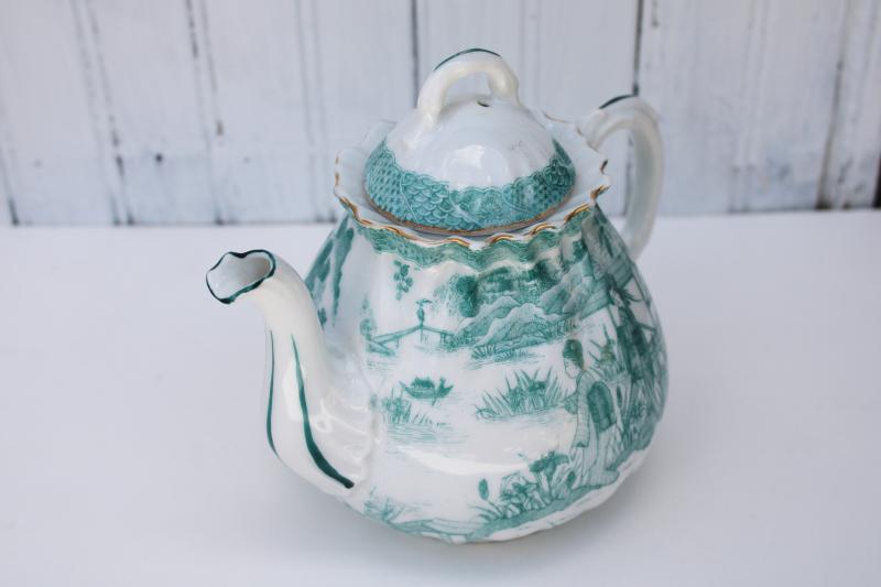 photo of rare teal green white china teapot, geisha girls vintage hand painted made in Japan #2