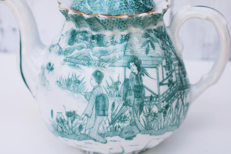 photo of rare teal green white china teapot, geisha girls vintage hand painted made in Japan #3