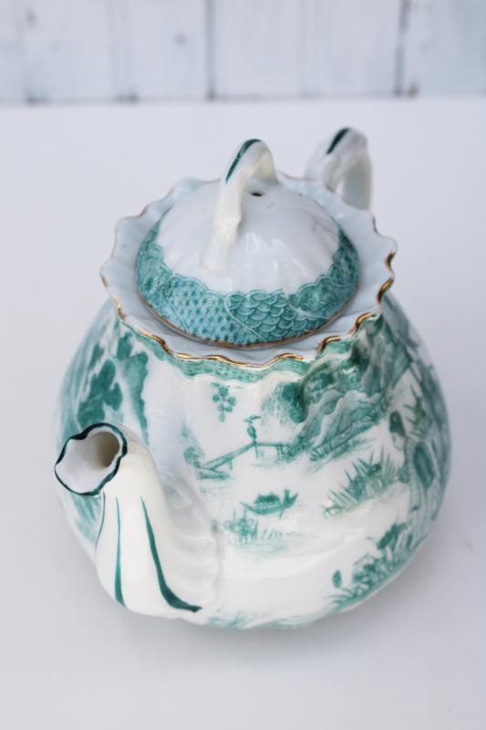 photo of rare teal green white china teapot, geisha girls vintage hand painted made in Japan #4