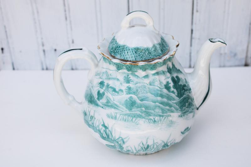 photo of rare teal green white china teapot, geisha girls vintage hand painted made in Japan #5