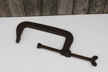 rare unusual antique C clamp w/ quick adjustment release jaws, vintage woodworkers tool