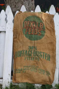 catalog photo of rare vintage Dekalb Molasses Feed print logo graphics burlap sack, farm grain bag