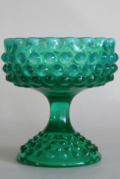 catalog photo of rare vintage Fenton emerald green opalescent glass hobnail pattern crimped compote