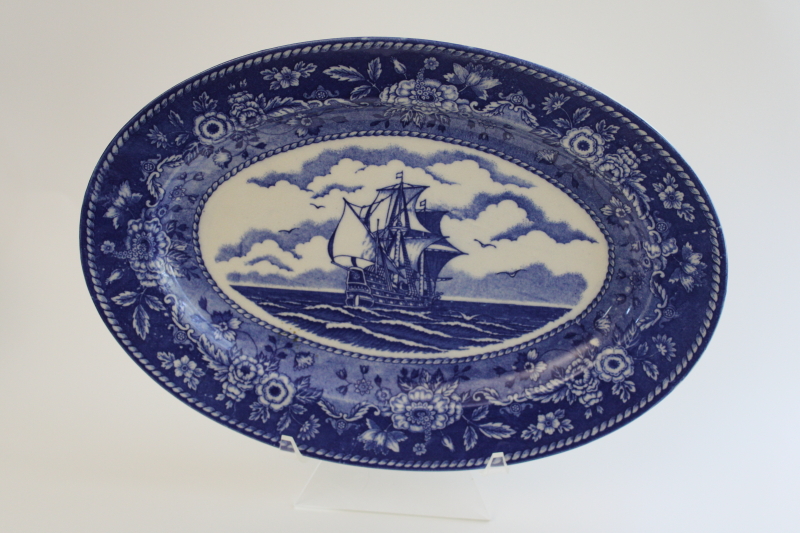 photo of rare vintage Occupied Japan blue & white china transferware platter w/ tall sailing ship  #1