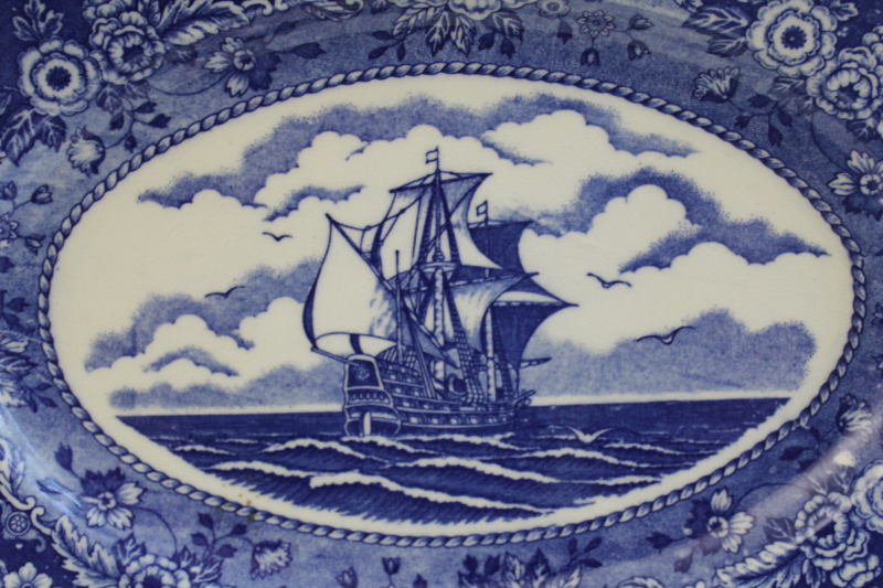 photo of rare vintage Occupied Japan blue & white china transferware platter w/ tall sailing ship  #2