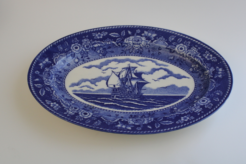 photo of rare vintage Occupied Japan blue & white china transferware platter w/ tall sailing ship  #3