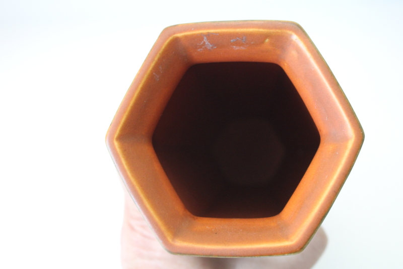 photo of rare vintage Roseville Rosecraft hexagon vase art pottery matte glaze brown w/ orange  #2