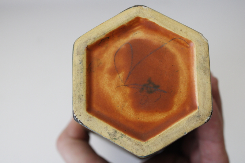 photo of rare vintage Roseville Rosecraft hexagon vase art pottery matte glaze brown w/ orange  #3
