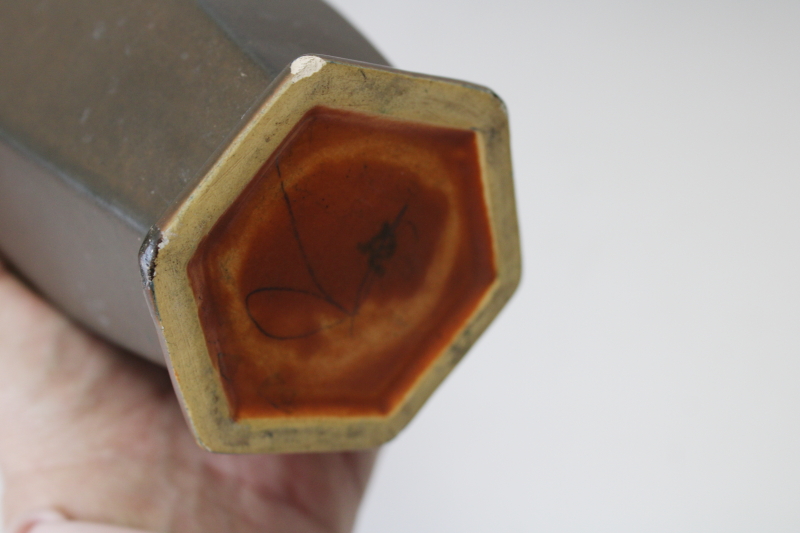 photo of rare vintage Roseville Rosecraft hexagon vase art pottery matte glaze brown w/ orange  #4