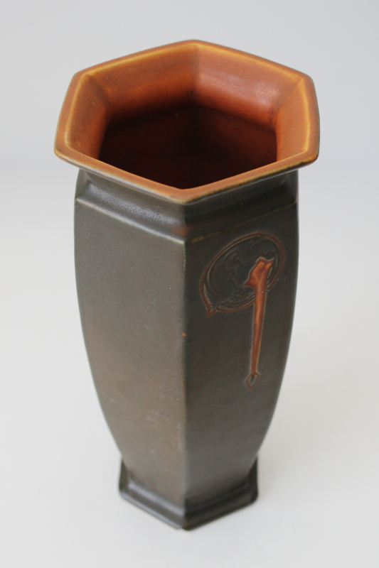photo of rare vintage Roseville Rosecraft hexagon vase art pottery matte glaze brown w/ orange  #6