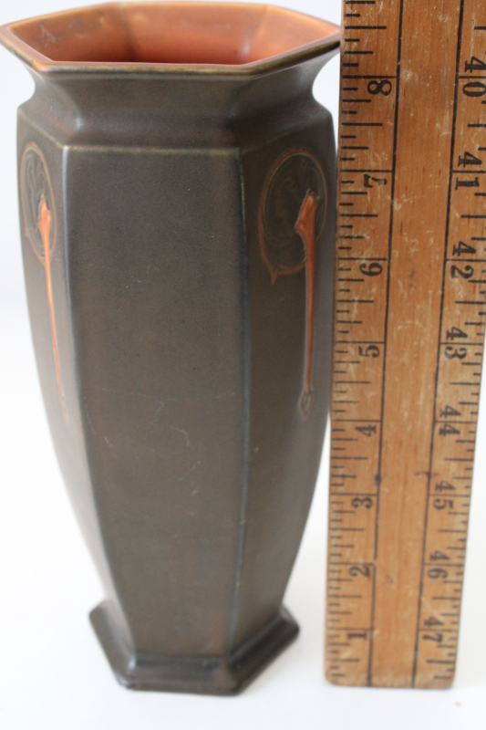 photo of rare vintage Roseville Rosecraft hexagon vase art pottery matte glaze brown w/ orange  #7