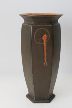 catalog photo of rare vintage Roseville Rosecraft hexagon vase art pottery matte glaze brown w/ orange 