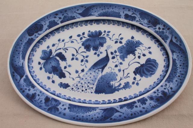 photo of rare vintage Royal Copenhagen Aluminia faience pottery blue & white peacock huge platter #1