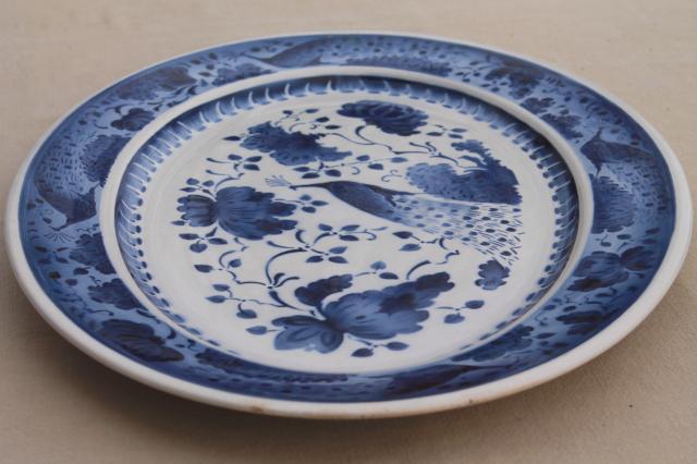 photo of rare vintage Royal Copenhagen Aluminia faience pottery blue & white peacock huge platter #2