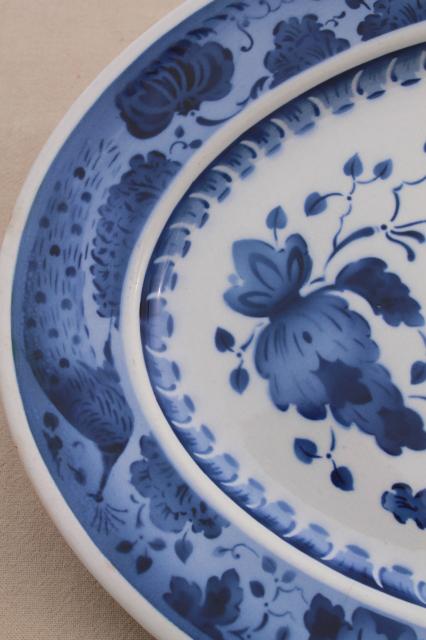 photo of rare vintage Royal Copenhagen Aluminia faience pottery blue & white peacock huge platter #5