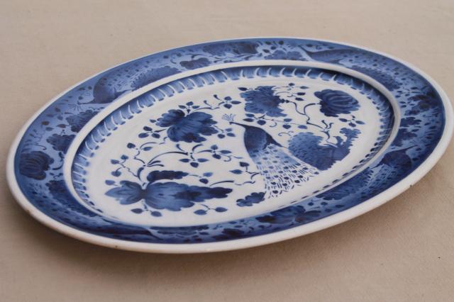 photo of rare vintage Royal Copenhagen Aluminia faience pottery blue & white peacock huge platter #7