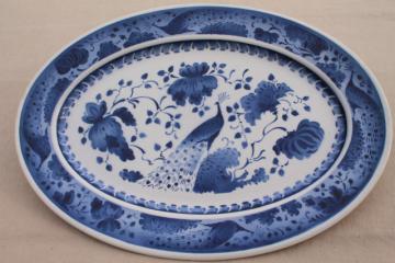 catalog photo of rare vintage Royal Copenhagen Aluminia faience pottery blue & white peacock huge platter