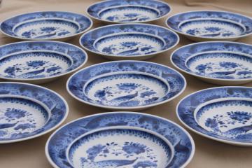 catalog photo of rare vintage Royal Copenhagen Aluminia faience pottery blue & white peacock soup plates set