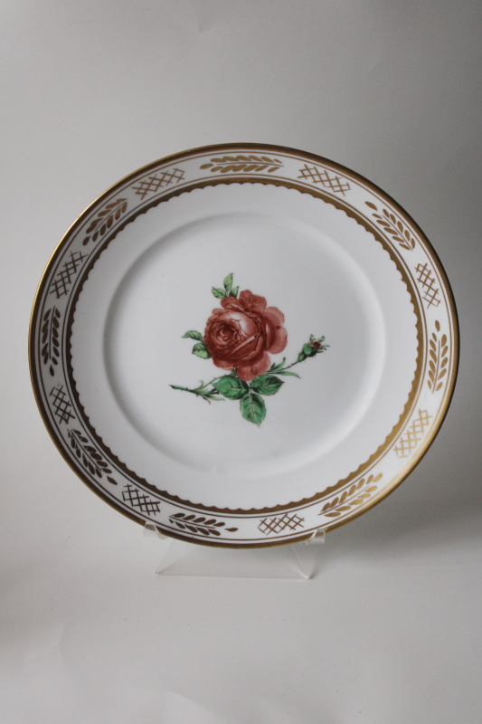 photo of rare vintage Royal Copenhagen china dinner plate, rose botanical floral w/ gold laurel border  #1