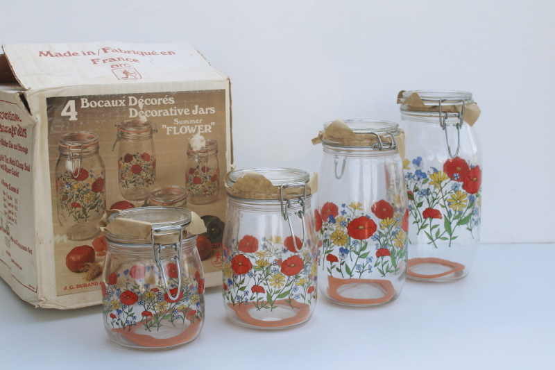 photo of rare vintage Summer Flowers French glass jars w/ seals, never used kitchen canisters set  #1