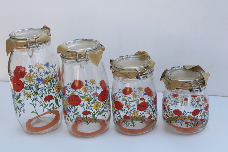 photo of rare vintage Summer Flowers French glass jars w/ seals, never used kitchen canisters set  #3