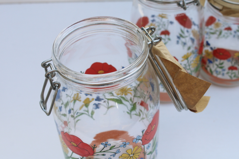 photo of rare vintage Summer Flowers French glass jars w/ seals, never used kitchen canisters set  #4