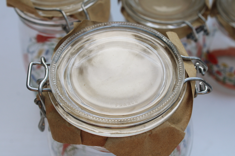 photo of rare vintage Summer Flowers French glass jars w/ seals, never used kitchen canisters set  #5