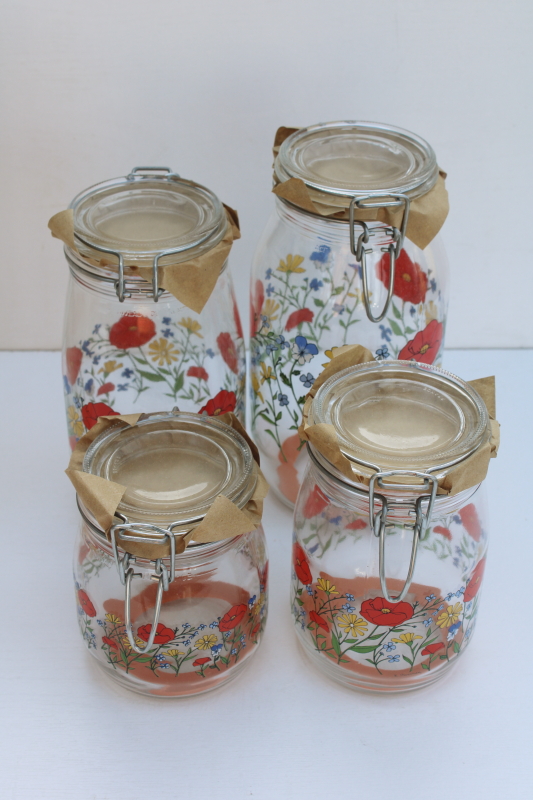 photo of rare vintage Summer Flowers French glass jars w/ seals, never used kitchen canisters set  #7