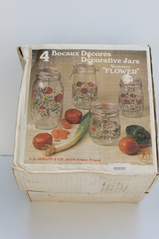 photo of rare vintage Summer Flowers French glass jars w/ seals, never used kitchen canisters set  #8