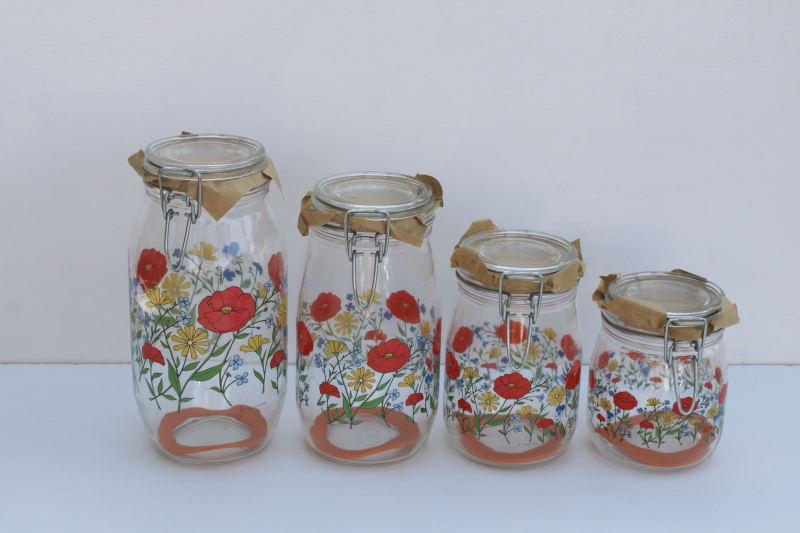 photo of rare vintage Summer Flowers French glass jars w/ seals, never used kitchen canisters set  #13