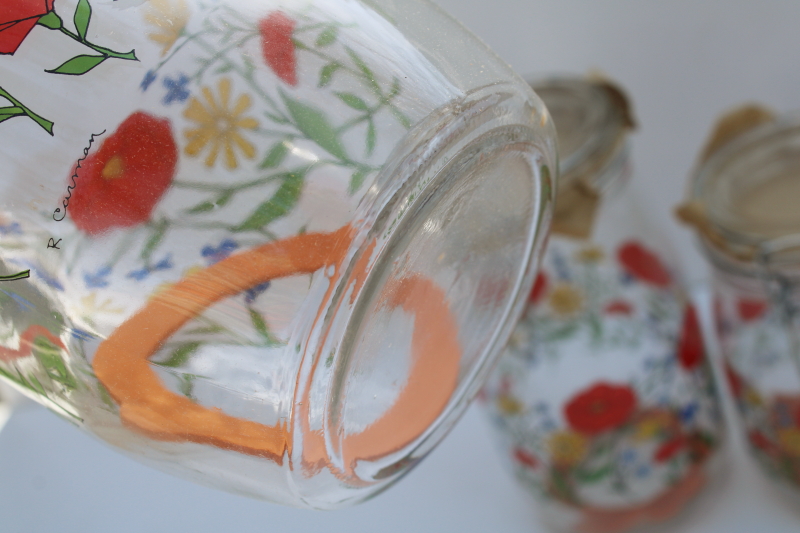 photo of rare vintage Summer Flowers French glass jars w/ seals, never used kitchen canisters set  #14