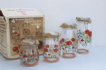 rare vintage Summer Flowers French glass jars w/ seals, never used kitchen canisters set 