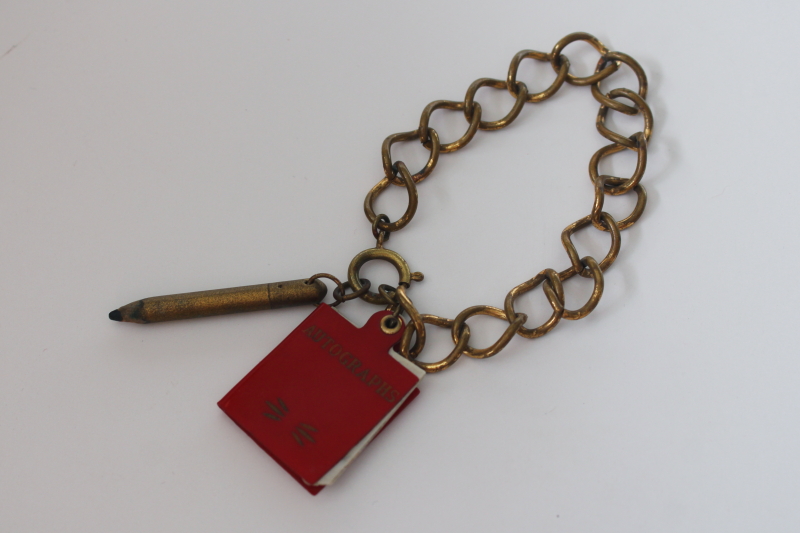 photo of rare vintage charm bracelet, real paper autograph book w/ tiny pencil, miniature size signatures  #1