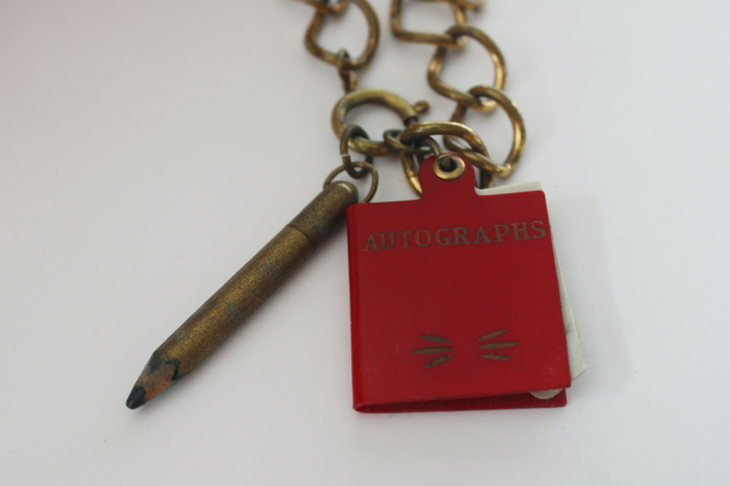 photo of rare vintage charm bracelet, real paper autograph book w/ tiny pencil, miniature size signatures  #2