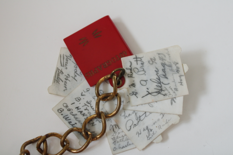 photo of rare vintage charm bracelet, real paper autograph book w/ tiny pencil, miniature size signatures  #5