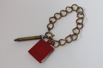 catalog photo of rare vintage charm bracelet, real paper autograph book w/ tiny pencil, miniature size signatures 