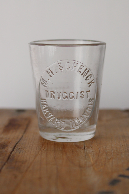 photo of rare vintage embossed glass M H Schenck Harvard Illinois Druggist medicine dose measure shot glass  #1