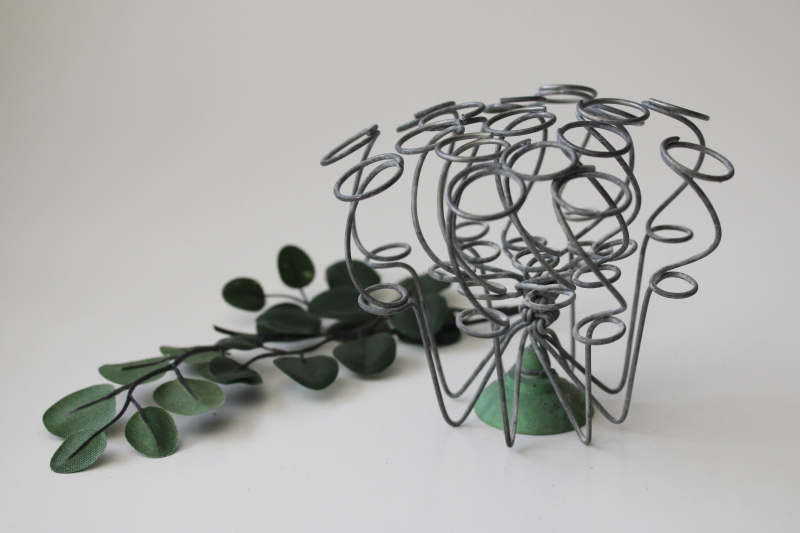 photo of rare vintage wire flower frog, spiral coil twisted wire loop flower holders w/ green base  #1