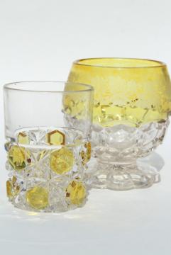 catalog photo of rare yellow stain color glass novelties, antique spoon holder, daisy & button tumbler