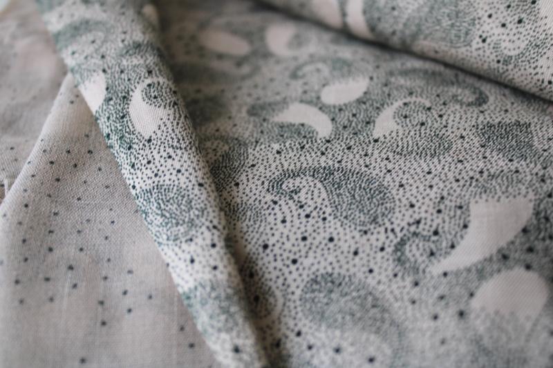 photo of rayon dress or shirt weight fabric, abstract paisley print soft buff tan w/ green #3
