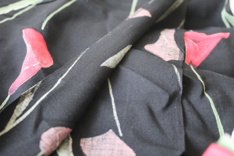 photo of rayon fabric modern sophisticated floral print black w/ light rose red calla lilies design  #2