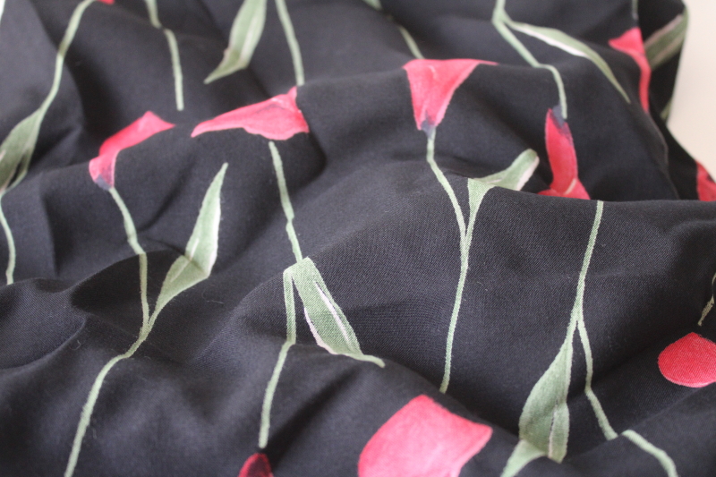 photo of rayon fabric modern sophisticated floral print black w/ light rose red calla lilies design  #3