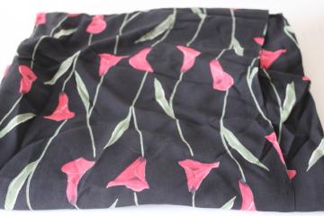 catalog photo of rayon fabric modern sophisticated floral print black w/ light rose red calla lilies design 