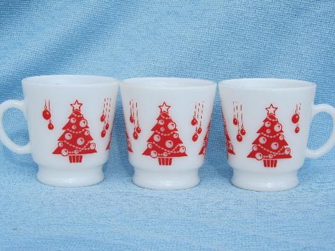 photo of red and green Christmas Trees eggnog punch cups and bowl, vintage milk glass #3