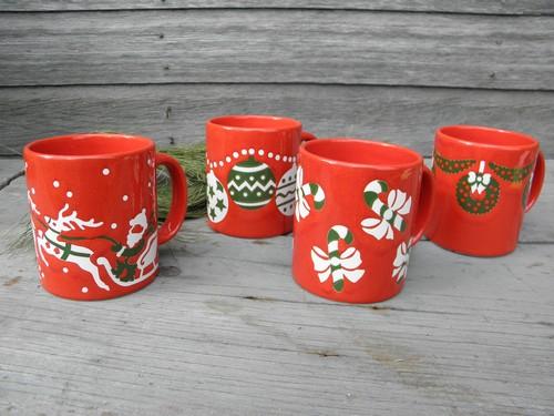 photo of red and green Christmas coffee cups, assorted Waechtersbach pottery mugs #1