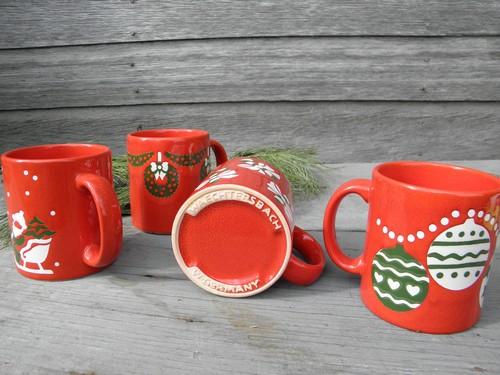 photo of red and green Christmas coffee cups, assorted Waechtersbach pottery mugs #2