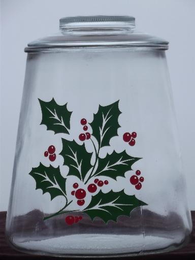 photo of red and green Christmas holly clear glass cookie jar kitchen canister #1